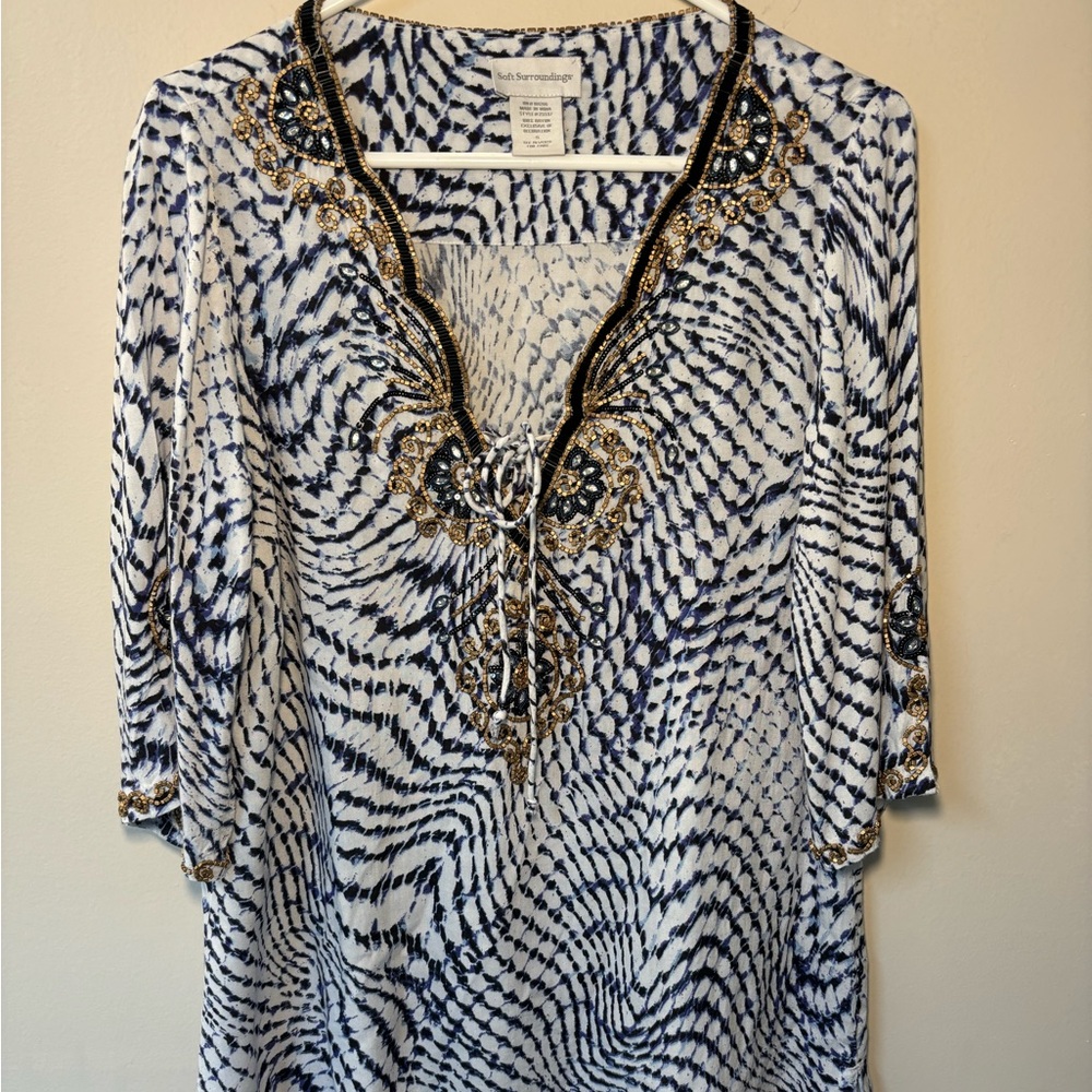 Soft Surroundings Top Womens Small V Neck Beaded Colorful Bohemian Blue …